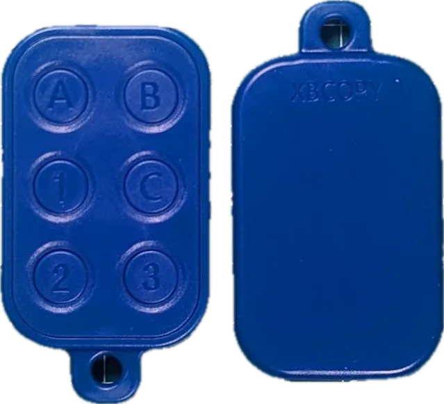 Front and back of the Blue Bambino, a blue six-button keyfob with a keyring loop