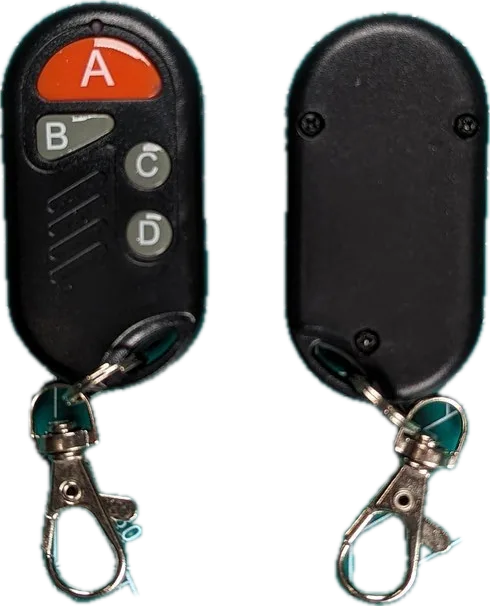 Front and back of the FauxFOB, a black four-button tag styled like a car remote