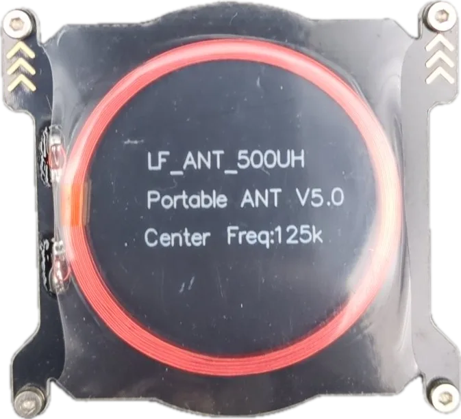 Portable Proxmark LF antenna V5.0, a red 500 microhenry coil in a clear housing tuned to 125kHz