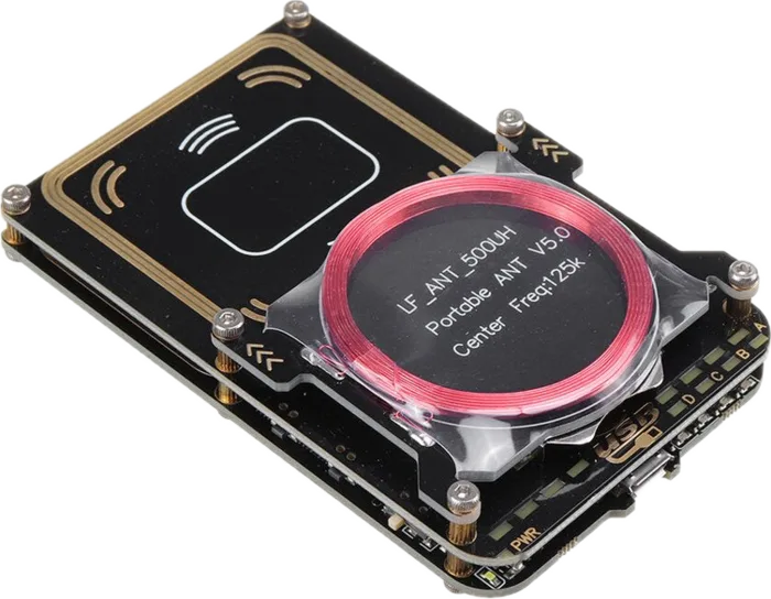 Proxmark3 Easy with its 125kHz LF antenna coil mounted over the HF antenna board