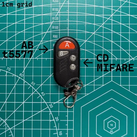 FauxFOB annotated to show buttons A and B on the T5577 chips and C and D on the Magic MIFARE chips