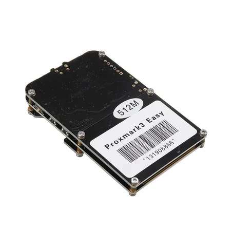 Proxmark3 Easy board without antennas, showing the 512M label and its USB and expansion ports