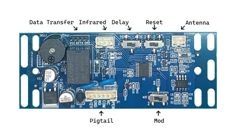 xEM Access Controller board, showing the onboard relay, buzzer and screw terminals