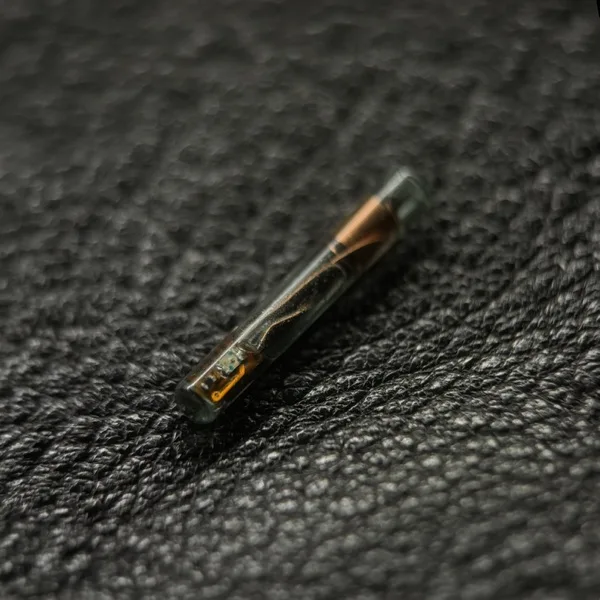 黒いレザーの上のxSIID。リーダーが読み取っている間、先端のレッドのLEDが点滅する